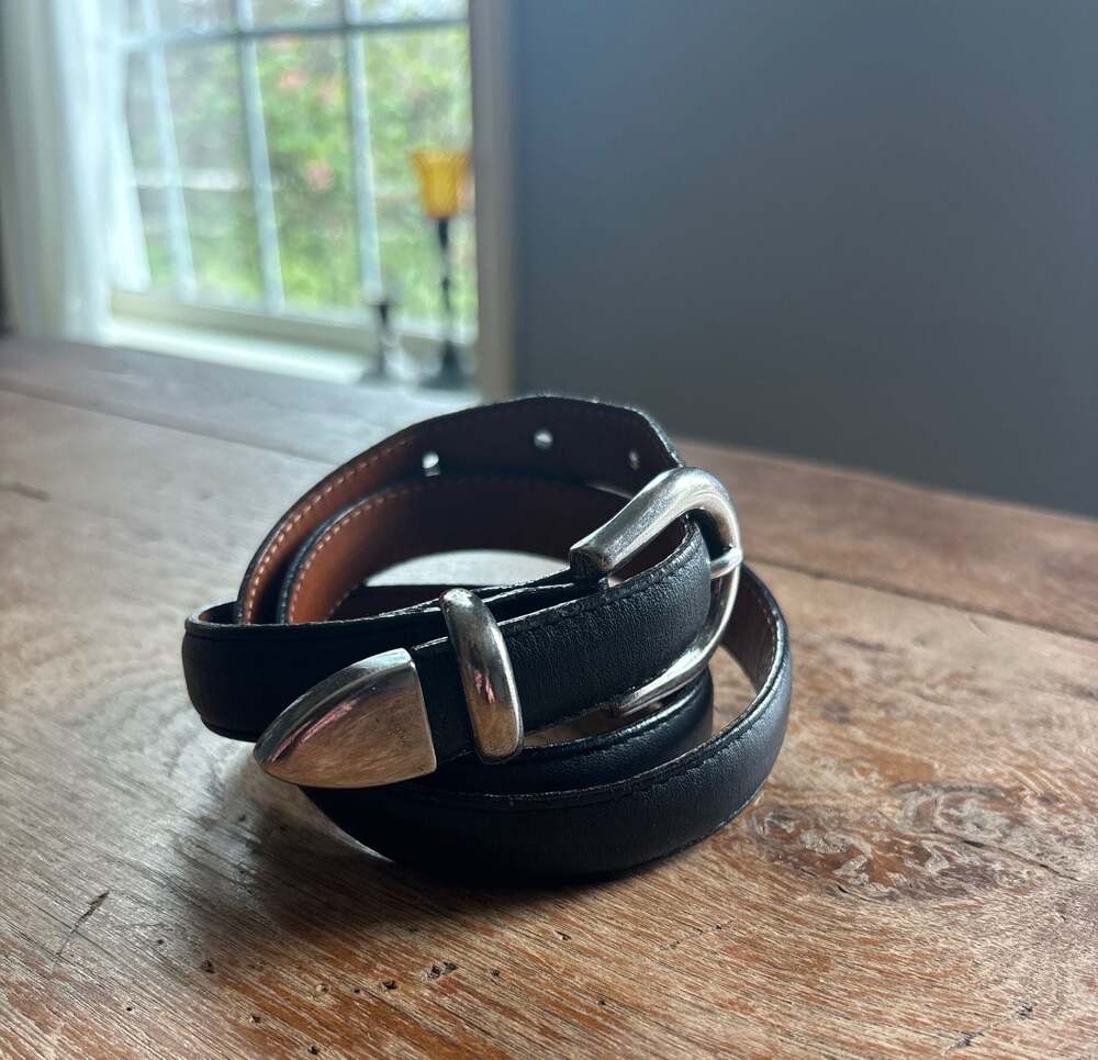 Vintage L.L.Bean Black Leather Belt with Silver Buckle Size 30 Made in USA